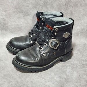 Harley Davidson Faded Glory Black Leather Biker Boots Buckle Lace Up Size 6.5